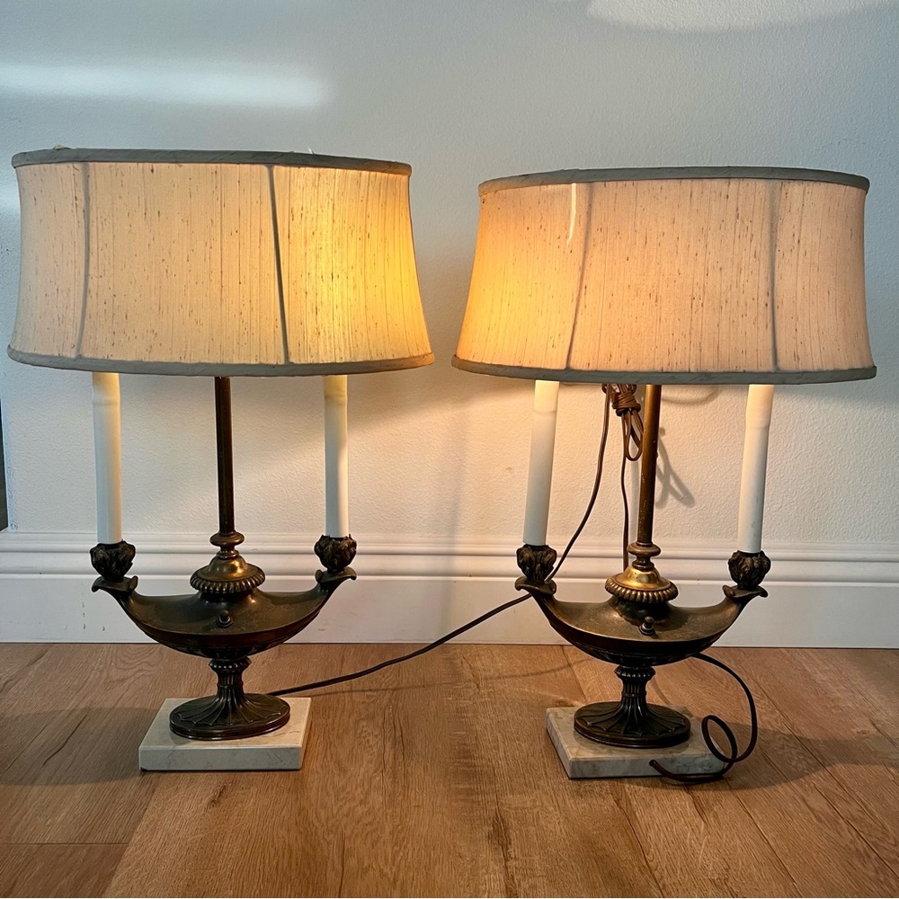 Vtg 2 PCs Stiffel Brass French‎ Bouillotte Aladdin Style 2-Light Table Lamps 20”